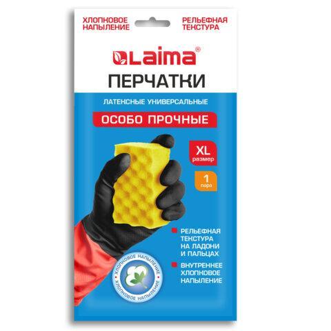 Перчатки МНОГОРАЗОВЫЕ латексные LAIMA "БИКОЛОР" черно-красные, ОСОБО ПРОЧНЫЕ, хлопковое напыление, размер XL (оч. большой), вес 64 г, 700540